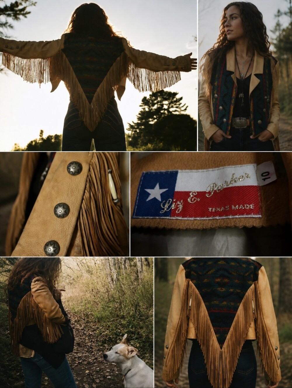 LIZ Parker SOFT Buckskin Leather Fringe Jacket with Navy Patterned Back Panel